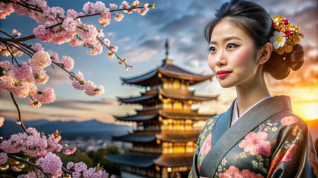 Woman in traditional Japanese dress, a kimono, stands in front of a pagoda with cherry blossoms in the foreground.の素材