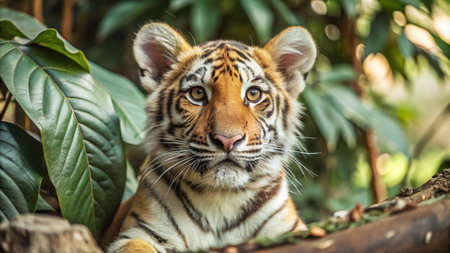 A young tiger cub with striking orange and black stripes stares intensely into the camera with a curious expression.の素材