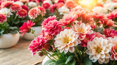 A close-up shot of pink, peach, and white flowers in white pots with a blurred background.の素材