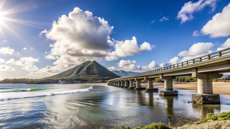 A scenic bridge spans a river, connecting a coastal town to a mountain peak under a clear blue sky.の素材