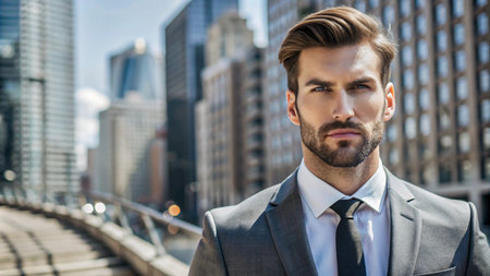 Confident businessman in a suit looking at the camera in front of a city skyline.の素材