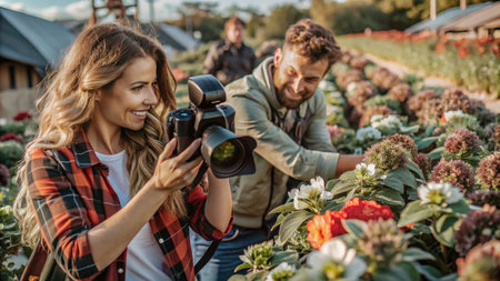 A woman photographer is taking pictures of a flower field with her male assistant.の素材