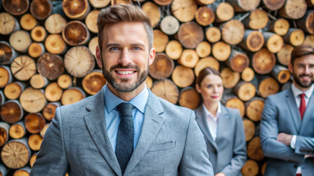Confident businessman smiling in front of a wall of wood logs with colleagues behind him.の素材