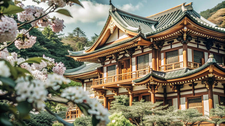 Traditional Japanese temple with cherry blossoms in the foreground.の素材