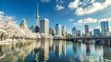 A scenic view of a modern city skyline with a river in the foreground and a bridge.の素材