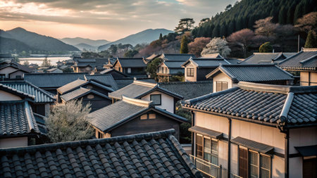 A picturesque Japanese village with traditional houses nestled amongst mountains at sunset.の素材