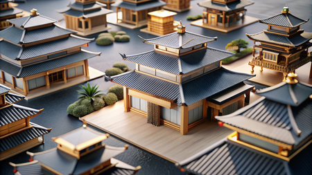 Miniature Asian houses with traditional roofs and wooden structures, arranged in a cluster.の素材