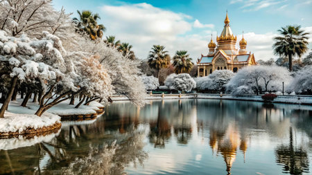Golden dome church covered in snow with palm trees and reflection in the lake.の素材