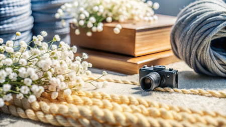 A small camera sits on a table surrounded by yarn, flowers, and a wooden box.の素材