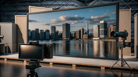A camera setup in a studio with a large screen displaying a cityscape.の素材