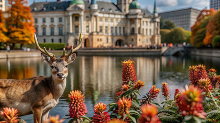 A deer stands in front of a pond with a castle in the background.の素材