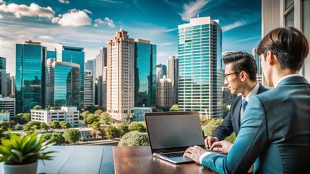 Two businessmen working on a laptop with a city skyline view.の素材