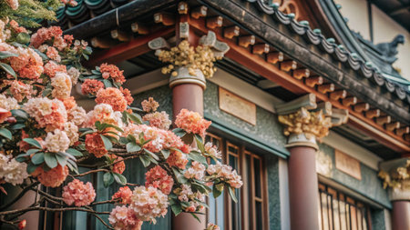 Pink flowers blooming in front of a traditional Japanese building.の素材