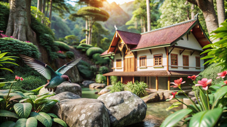 A traditional Asian style house with a bird flying over a pond in a lush green garden.の素材