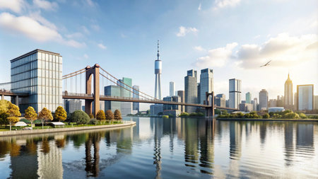 A modern cityscape with a suspension bridge and skyscrapers reflected in a calm river.の素材