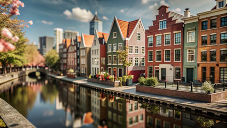 Colorful historic houses line a canal in a European city.の素材