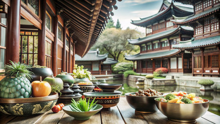 A table set with traditional Chinese dishes and fruits in front of a beautiful garden with wooden buildings and a pond.の素材