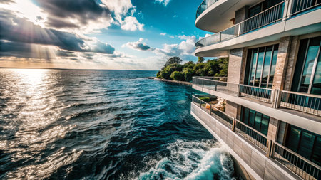 Modern luxury beachfront building with ocean views and sunbeams breaking through clouds.の素材