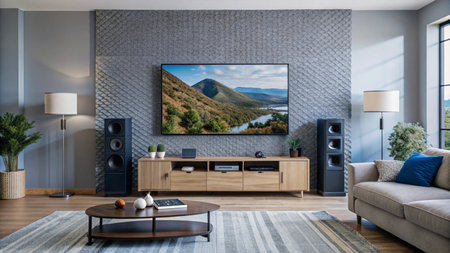 Modern living room with a large flat-screen television, wooden furniture, and a comfortable couch.の素材