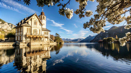 A traditional white church with a bell tower stands on the shore of a tranquil lake with snow-capped mountains in the distance. The surface of the lake is still, reflecting the image of the church.の素材