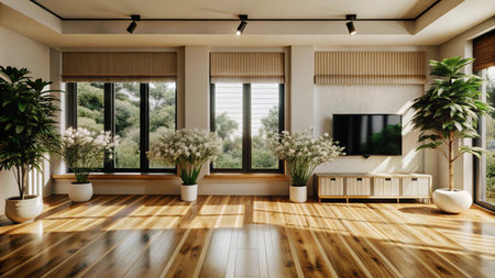 Modern living room with wooden floor, large windows, and potted plants.の素材