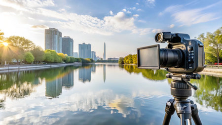 A professional video camera captures the urban cityscape reflected in a lake at sunset.の素材