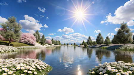 Sunny day with a blue sky, white clouds, a shining sun, and a river flowing through a lush green meadow with white flowers and trees.の素材