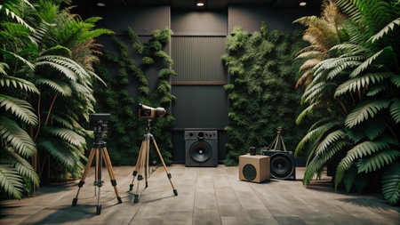 A jungle-themed studio with cameras and speakers on tripods.の素材