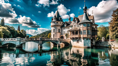 A majestic castle with a bridge over a calm blue lake, surrounded by lush greenery under a bright, cloudy sky.の素材