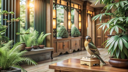 A carved bird figurine sits on a wooden table in a sunlit room surrounded by tropical plants and  wooden furniture.の素材
