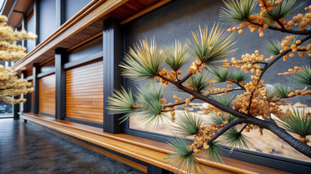 Modern Japanese architecture with a wooden bench and a pine tree.の素材