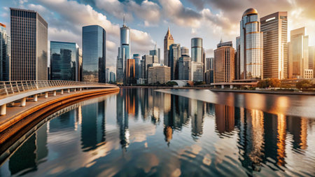 A modern city skyline reflected in a calm lake at sunrise.の素材