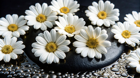 White daisies arranged on black stones with water droplets.の素材