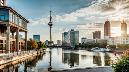 A panoramic view of a modern cityscape with a river flowing through it, with a tall tower rising above the skyline.の素材