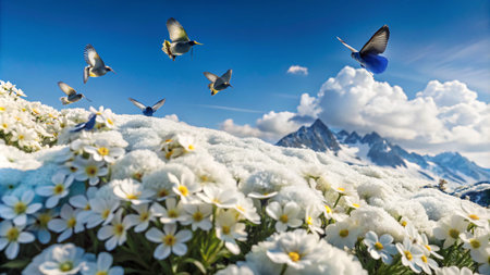 A flock of birds fly over a field of white flowers in the Swiss Alps.の素材