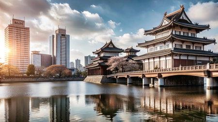 Traditional Japanese architecture with modern skyscrapers in the background, reflecting in a calm lake under a cloudy sky at sunset.の素材