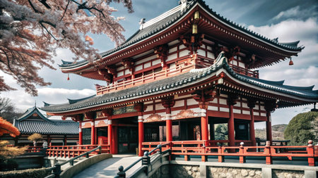 A traditional Japanese temple with a red wooden structure and a bridge leading to the entrance.の素材
