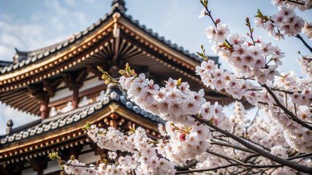 Pink cherry blossoms blooming in front of a traditional Japanese temple.の素材