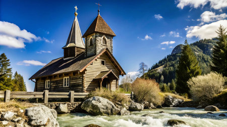 A small wooden church with a steeple stands on the bank of a rushing river.の素材