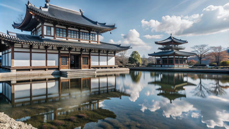 A serene Japanese temple complex with two pagodas reflected in a still pond under a bright blue sky.の素材