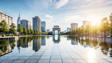 A modern city skyline with a reflective pond and a large archway in the foreground.の素材