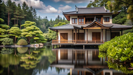 Traditional Japanese house with a pond reflecting the sky.の素材