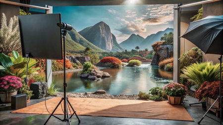 Photo studio backdrop featuring a scenic mountain landscape with a lake and waterfall.の素材