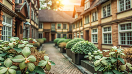 Sunny cobblestone street with traditional European architecture.の素材