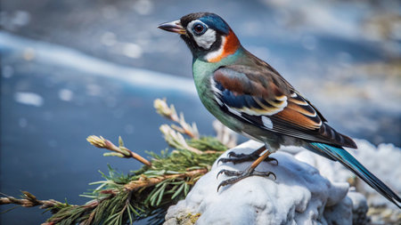 A vibrantly colored bird perches on a rock, its bright blue tail feathers trailing behind it.の素材