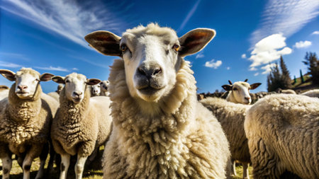 A curious sheep stares directly at the camera while surrounded by its flock in a lush green field under a bright blue sky.の素材