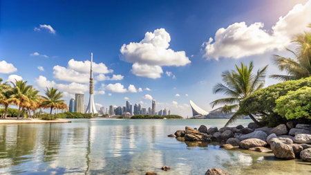 A stunning view of a city skyline with palm trees and a lagoon in the foreground.の素材