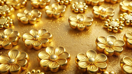 A scattering of golden flowers on a shimmery gold background.の素材