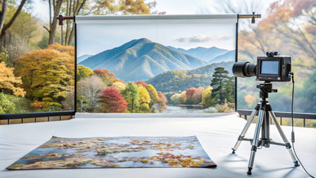A camera on a tripod set up to photograph a landscape photo, with a printed version of the photo laid on the ground in front of it.の素材