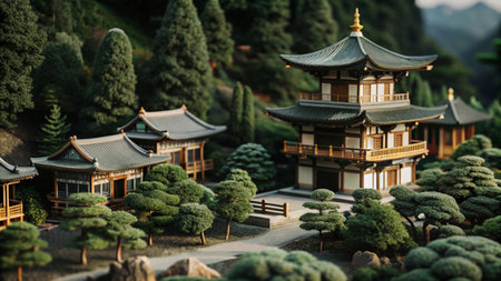 A miniature model of a traditional Japanese temple surrounded by greenery.の素材